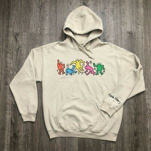 Ripple Junction Keith Haring "Dancing Figures" Pop Art Beige Hoodie Size Medium